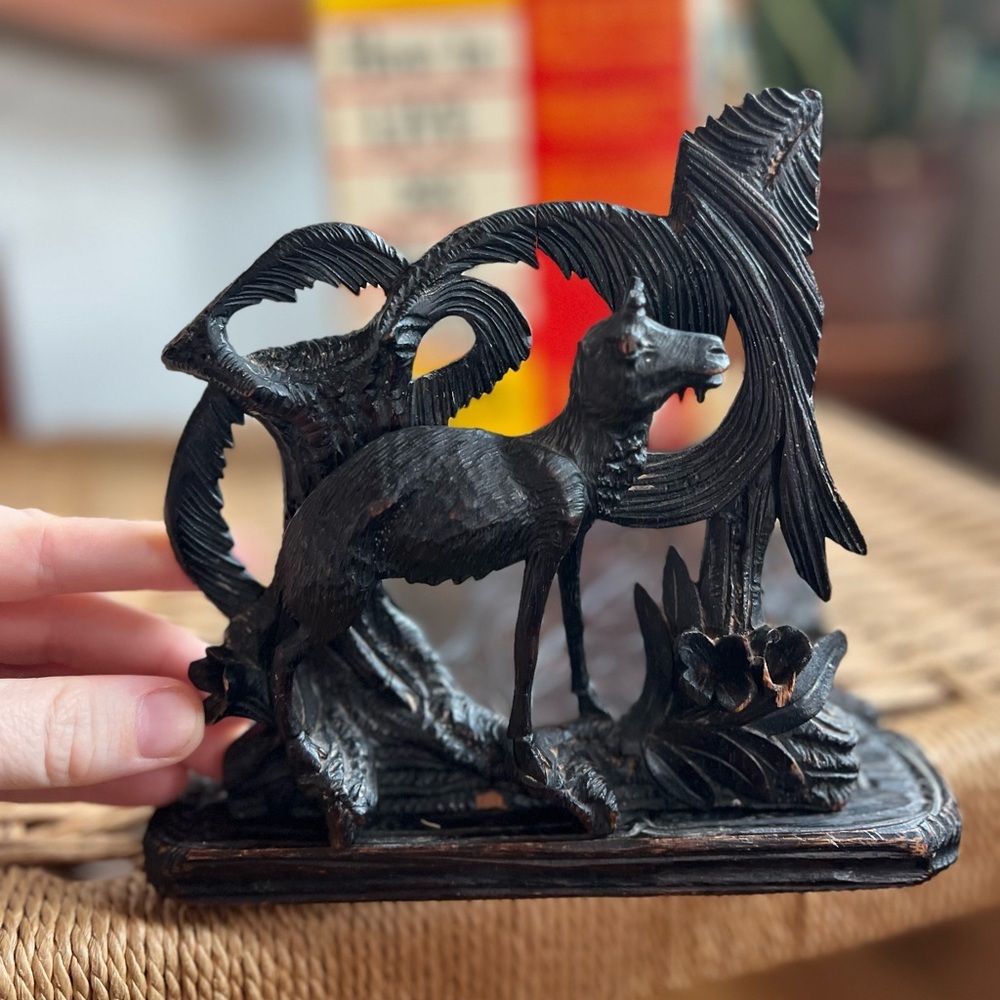 Antique Black Forest Carved Wood Expandable Book Rack | Deer Victorian Book Ends
